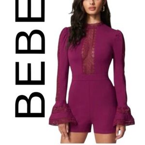 bebe Plum Lace-Inset Long Sleeve Romper
